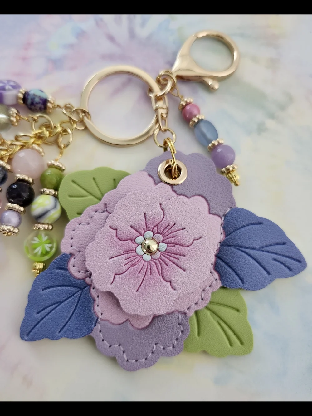 Floral Purse Charm or Keychain Amethyst Rose Quartz Aquamarine  Handcrafted